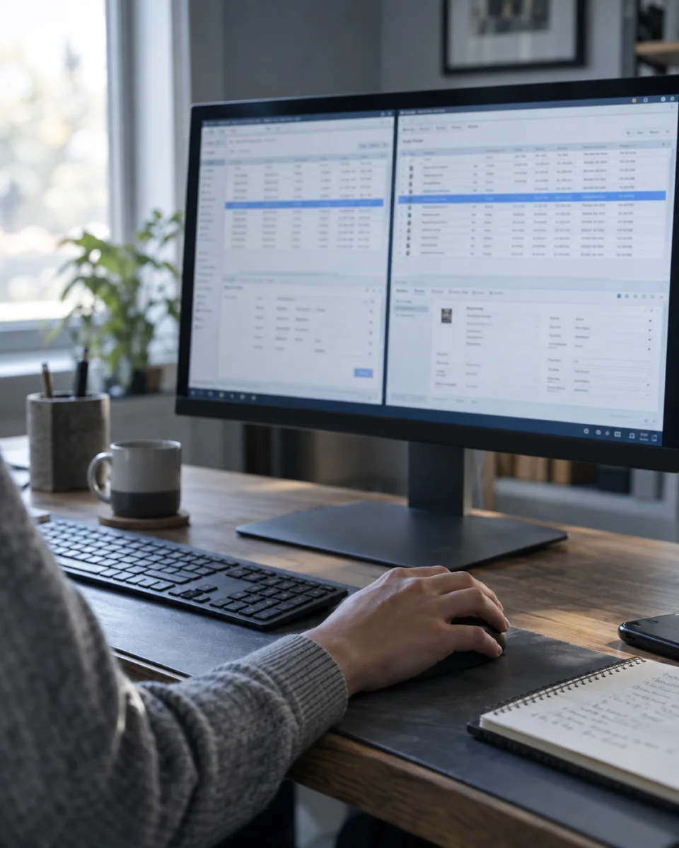 Illustration de deux logiciels de gestion ouverts sur un même écran dans un bureau.