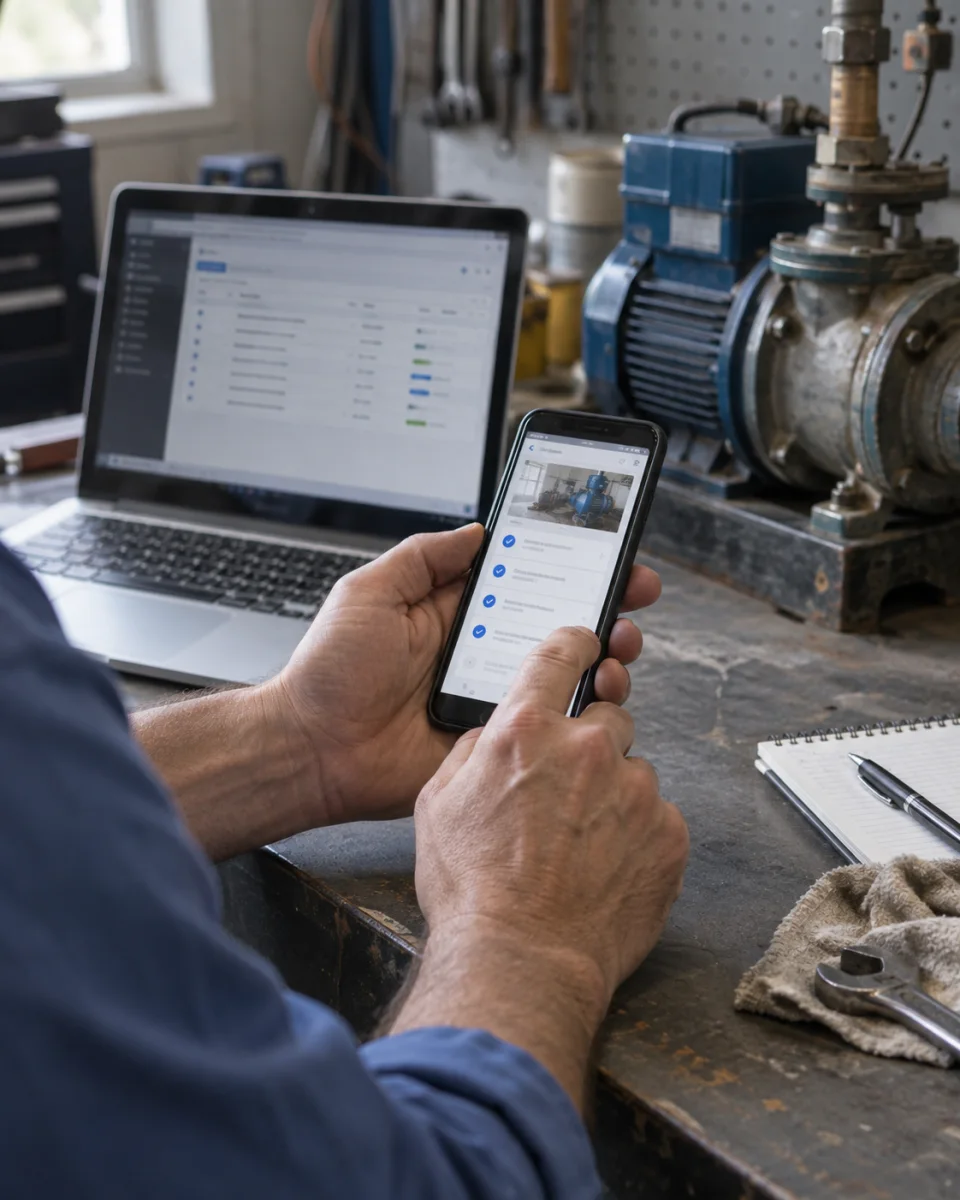 Illustration d’un technicien consultant une intervention sur mobile, près d’un ordinateur dans un atelier.